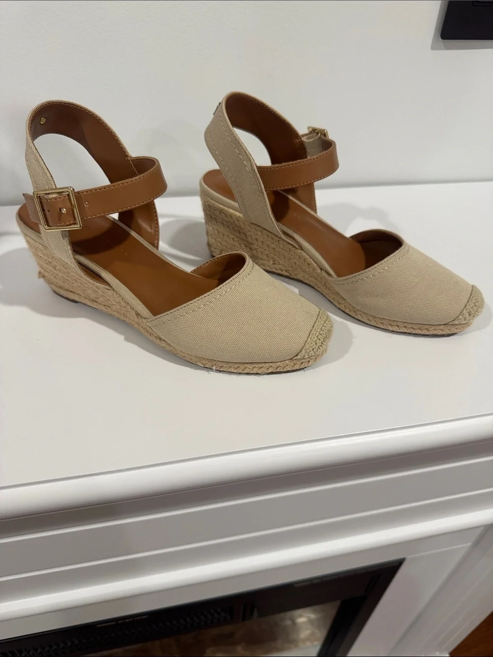 Women’s Cream Espadrille Wedges with Tan Ankle Strap